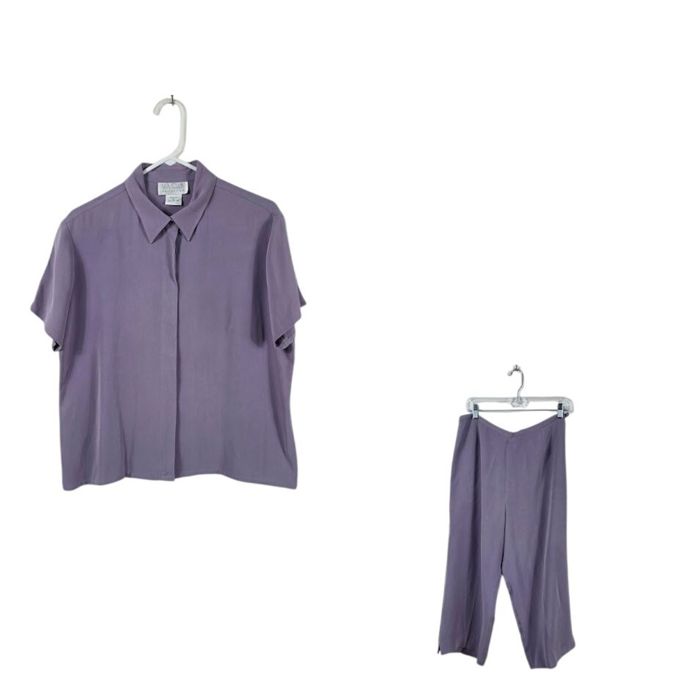 VTG Silk Club Collection 2pc Set Womens 14 Purple 100% Silk Blouse Crop  Pants